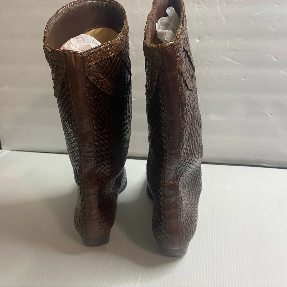 Sesto Meucci Woven Brown Leather Mid-Calf Women’s Boots Size 7M - Picture 4 of 13